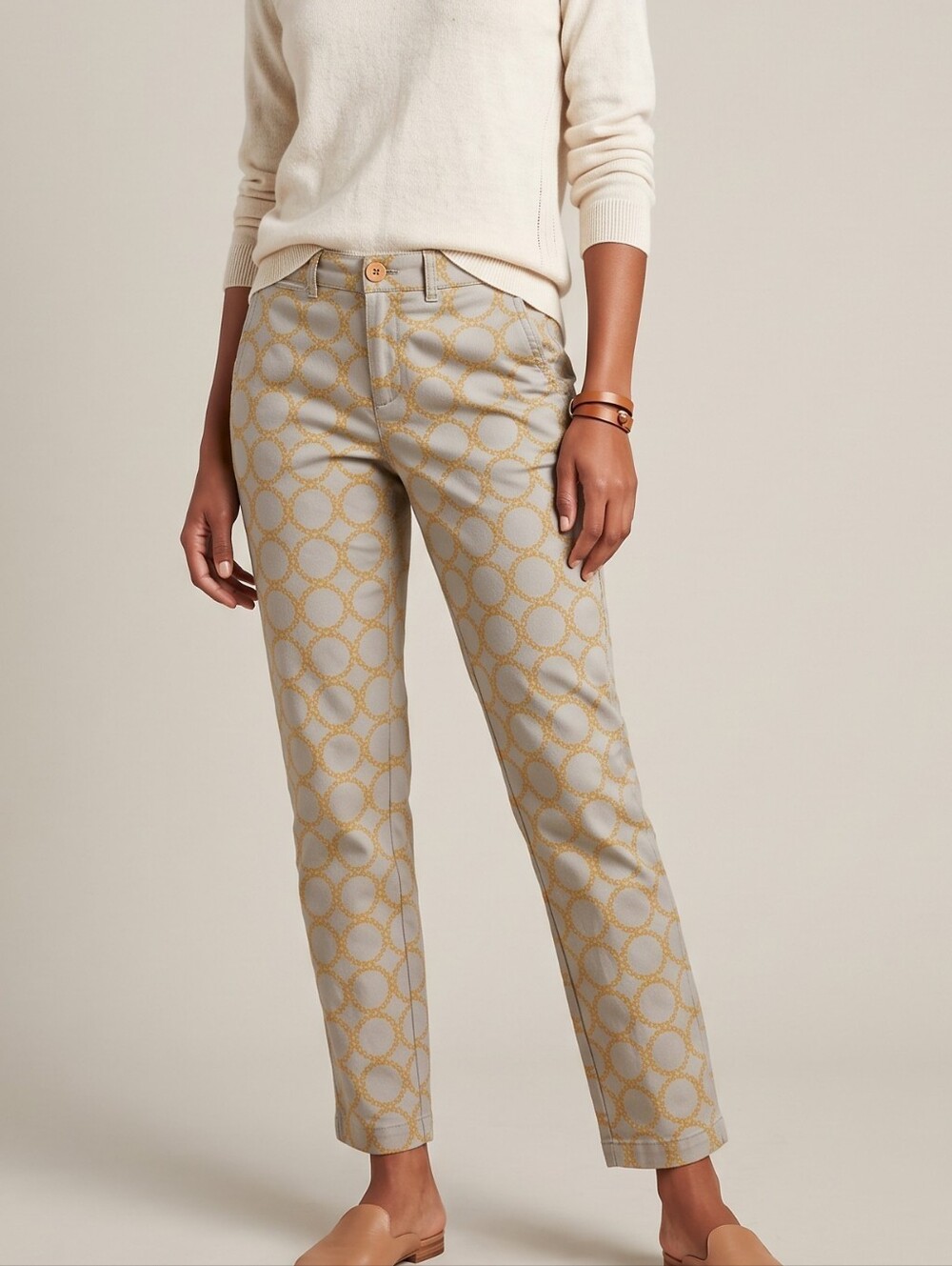 Anthropologie Chino Embroidered Gold Circles Khaki Grey Boho Pants Sz 26